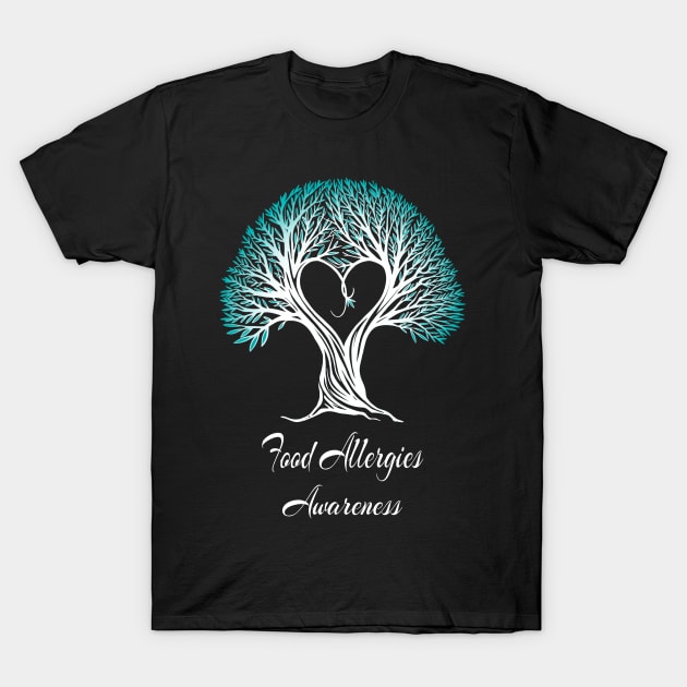 Food Allergies Awareness Teal Ribbon Tree With Heart T-Shirt by MerchAndrey